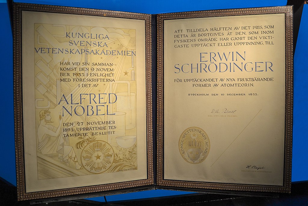 Diploma del premio nobel de Erwin Schrödinger. Créditos: © Mosbatho / CC BY 4.0